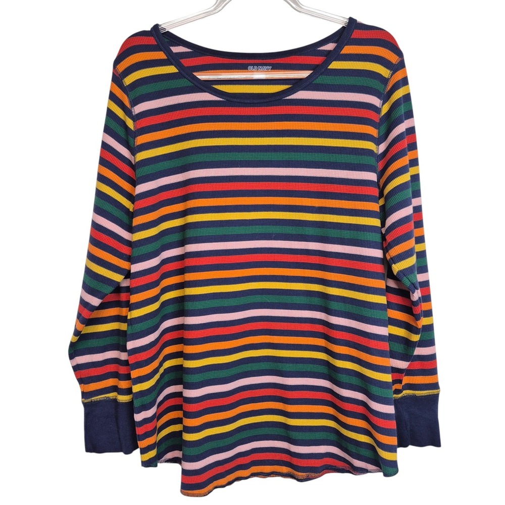 Old Navy Womens 2X Midnight Rainbow Stripe Waffle‎ Knit Thermal Top Long Sleeve